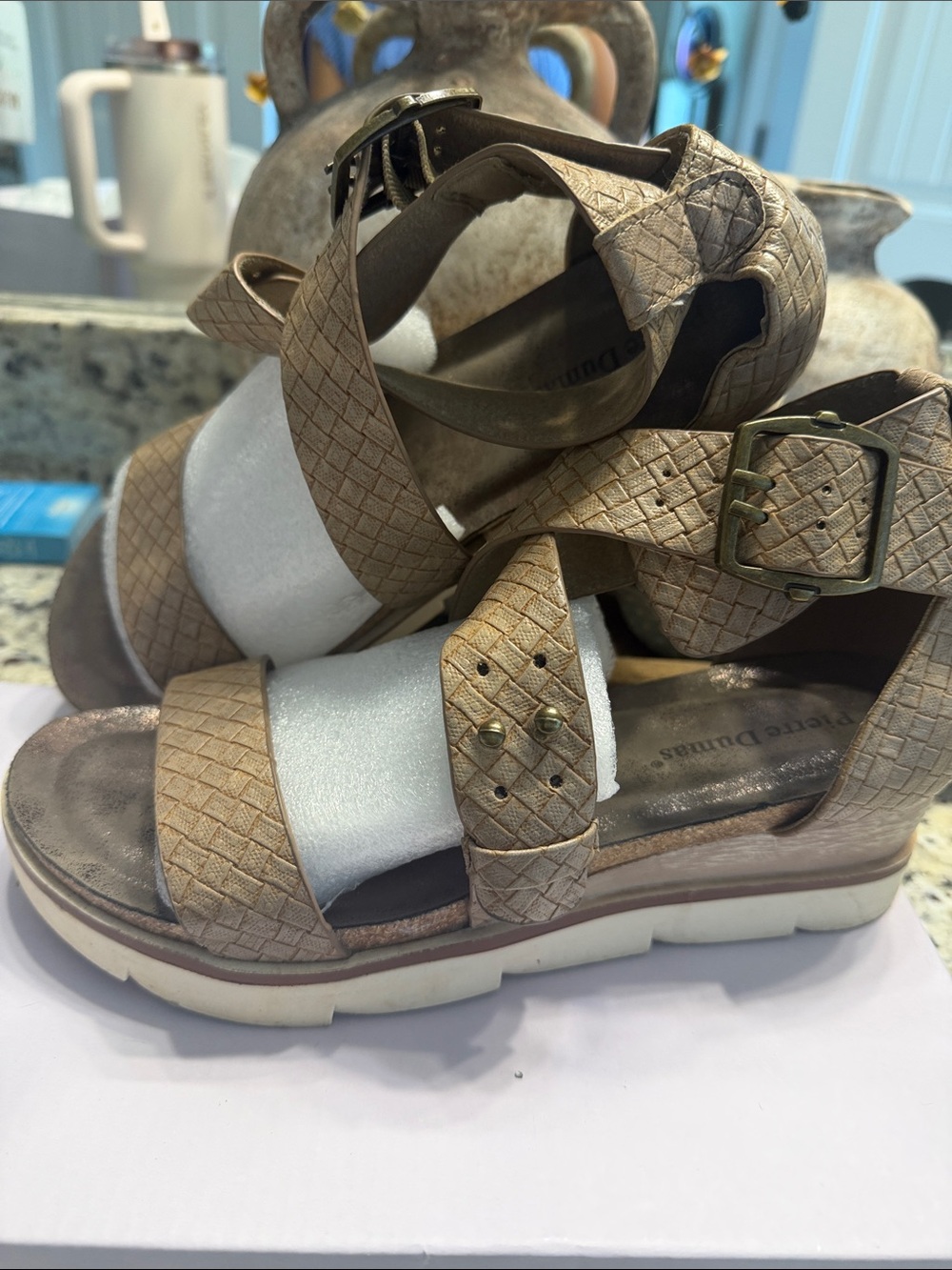 Pierre Dumas ComfortWedge Women's Tan Woven Platform Sandals
